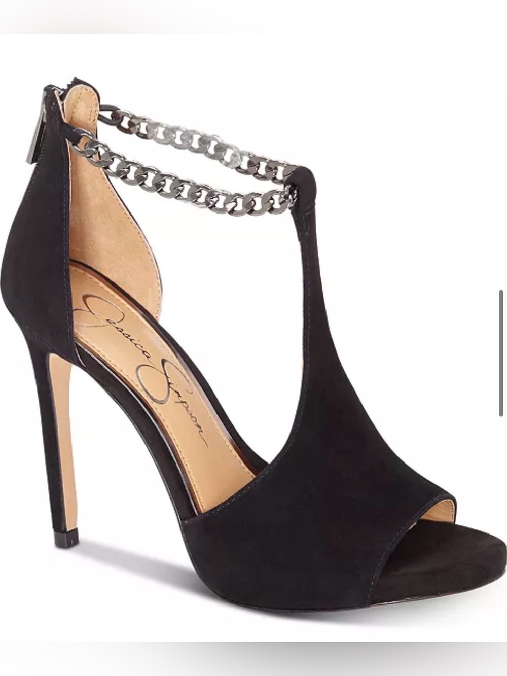 Jessica Simpson Black Suede T-Strap Peep-Toe Heels with Silver Chain